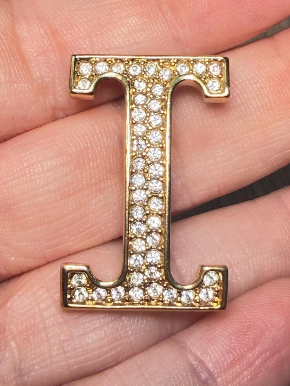 Letter I Brooch Vintage AK Rhinestone Gold Tone Initial Pin 1.25”